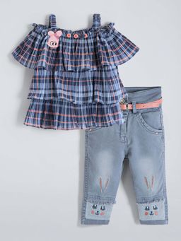 Hopscotch - Blue Checks Top with Jeans and Belt