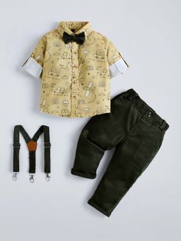 Hopscotch - Yellow Printed Shirt with Pant, Suspender and Bow