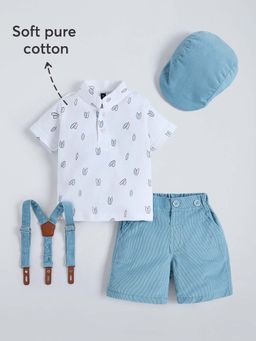 Hopscotch - White Printed Shirt with Shorts, Cap and Suspender