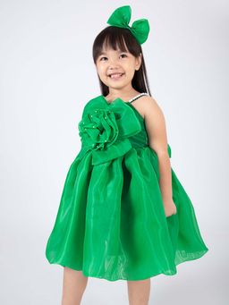 Hopscotch - Green Solid Dress and Headband