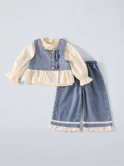 Hopscotch - Blue Solid Top with Vest and Jeans