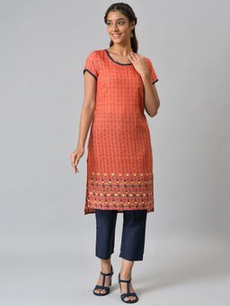 Aurelia - Orange Floral Printed High Low Kurta with Blue Trouser (Set of 2)