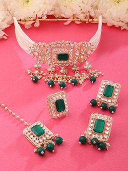 Zaveri Pearls - Green Kundan Multistrand Necklace Earring Maangtikka Ring Set-ZPFK15622