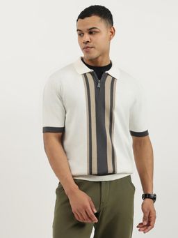 United Colors of Benetton - White Regular Fit Polo Neck Box Striped Zipped T-shirt