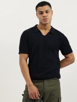 United Colors of Benetton - Navy Blue Regular Fit Johny Collar Textured Pointelle T-shirt