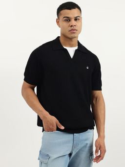 United Colors of Benetton - Black Relaxed Fit Johny Collar Textured Heavy Weight Polo T-shirt