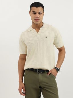 United Colors of Benetton - Off White Relaxed Fit Johny Collar Textured Polo T-shirt