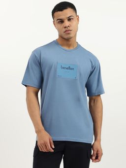 United Colors of Benetton - Blue Boxy Fit Crew Neck Solid Patch Jersey T-shirt