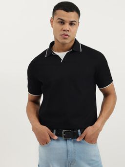 United Colors of Benetton - Black Relaxed Fit Johny Collar Pique Textured Honeycomb Polo T-shirt