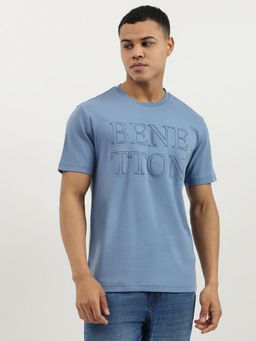 United Colors of Benetton - Blue Relaxed Fit Crew Neck Embossed Debossed Interlock T-shirt