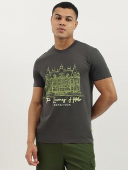 United Colors of Benetton - Grey Relaxed Fit Crew Neck Printed Luxury Hotel Jersey T-shirt