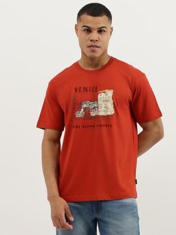 United Colors of Benetton - Red Boxy Fit Crew Neck Printed Villa Manelli Hotel Jersey T-shirt