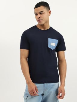 United Colors of Benetton - Blue Relaxed Fit Crew Neck Solid Woven Patch Pocket T-shirt