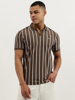 United Colors of Benetton - Brown Regular Fit Johny Collar Vertical Stripes Jersey Polo T-shirt