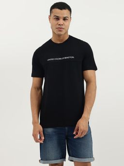 United Colors of Benetton - Black Relaxed Fit Crew Neck Branded Applique Stripe Pique T-shirt