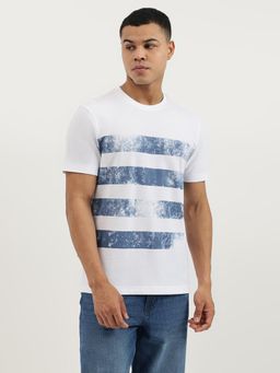 United Colors of Benetton - White Relaxed Fit Crew Neck Brush Stroke Stripe Print Pique T-shirt