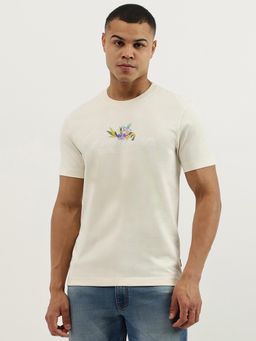 United Colors of Benetton - Off White Relaxed Fit Crew Neck Floral Jersey T-shirt