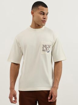 United Colors of Benetton - Off White Oversized Fit Crew Neck Solid Pocket Jersey T-shirt