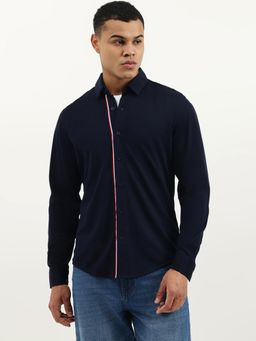 United Colors of Benetton - Navy Blue Slim Fit Spread Collar Solid Fine Tape Pique Shirt