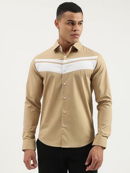 United Colors of Benetton - Beige Slim Fit Spread Collar Color Block Shirt