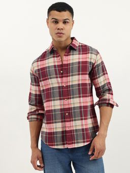 United Colors of Benetton - Maroon Regular Fit Spread Collar Checkered Herringbone Shirt