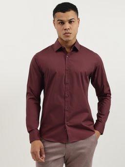 United Colors of Benetton - Wine Slim Fit Spread Collar Solid Poplin Stretch Shirt