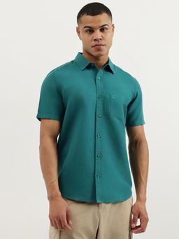 United Colors of Benetton - Teal Regular Fit Spread Collar Solid Linen Shirt