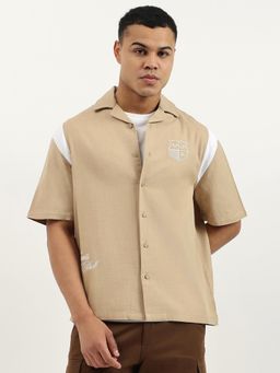 United Colors of Benetton - Beige Oversized Fit Resort Collar Typography Oversize Varsity Shirt