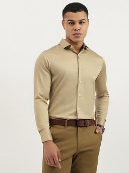 United Colors of Benetton - Khaki Slim Fit Semi-Cutaway Solid Satin Stretch Shirt
