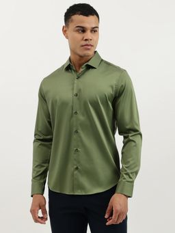 United Colors of Benetton - Olive Slim Fit Semi-Cutaway Solid Satin Stretch Shirt