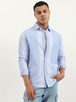 United Colors of Benetton - Blue Regular Fit Spread Collar Vertical Stripes Oxford Shirt