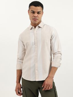 United Colors of Benetton - Cream Regular Fit Spread Collar Vertical Stripes Oxford Shirt