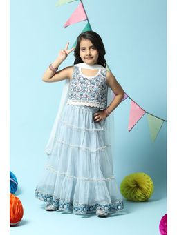 Biba - Girls Powder Blue Voile Lehenga (Set of 3)