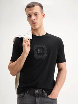 Rare Rabbit - Black Embroidered Regular Fit T-Shirt