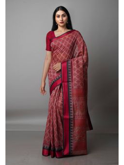 Unnati Silks - Pastel Dark Pink Block Printed Sico Saree with Unstitched Blouse