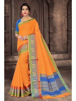 Sangam Prints - Orange Cotton Handloom Woven Work Traditional Saree with Unstitched Blouse