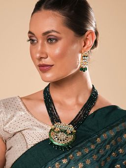 Yellow Chimes - Ethnic Kundan Jewelry Set Gold Plated Multilayer Green Beads Long Necklace Set