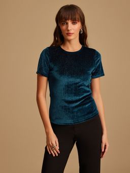 Kazo - Teal Velvet Fitted Top