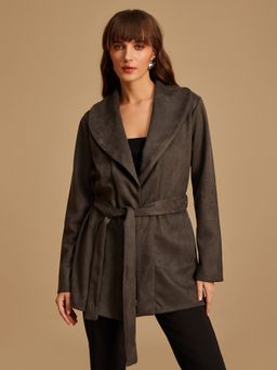 Kazo - Olive Shawl Collar Cardigan With Belt (Set of 2)