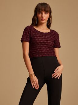 Kazo - Maroon Scallop Boxy Fit Crop Top