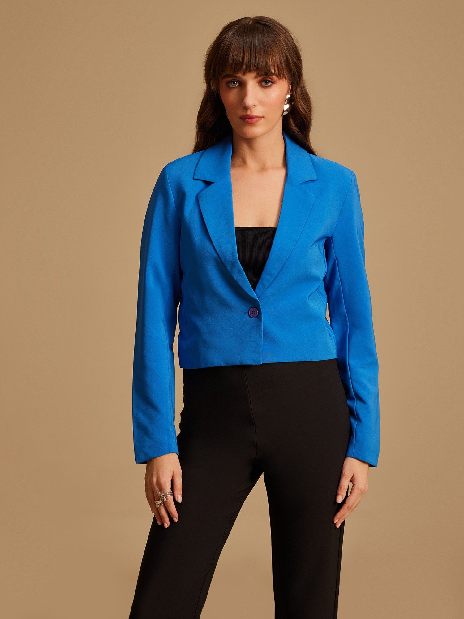 kazo Notched Lapel Collar Cropped Blue Blazer-picture-19