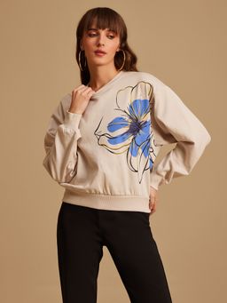 Kazo - Beige Floral Placement Printed Sweatshirt