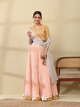 Garden VARELI - Women Gold Foil Print Blouse with Lehenga and Dupatta
