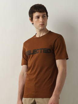 Selected - Brown Logo Print Crew Neck T-Shirt