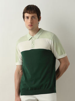 Selected - Green Colourblocked Knit Polo T-Shirt