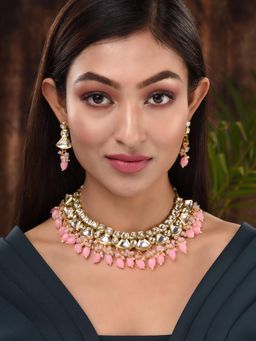 Saraf RS Jewellery - Gold Toned Kundan & Pink Bead Studded Handcrafted Jewellery (Set of 2)