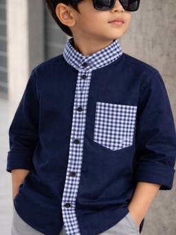 Babies of Wonder - Navy Gingham Band Cotton Shirt
