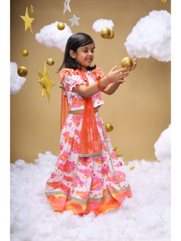 Little Shiro - Girls Off White Printed Choli with Lehenga & Dupatta (Set of 3)