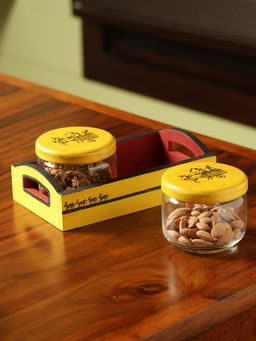 ExclusiveLane - Sunny Minimals' Warli Hand-Painted Snacks Jar Set In Glass With Wooden Tray