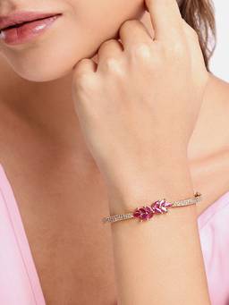 Estele - Gold-Finish Ruby CZ Leaf Design Bracelet for Women